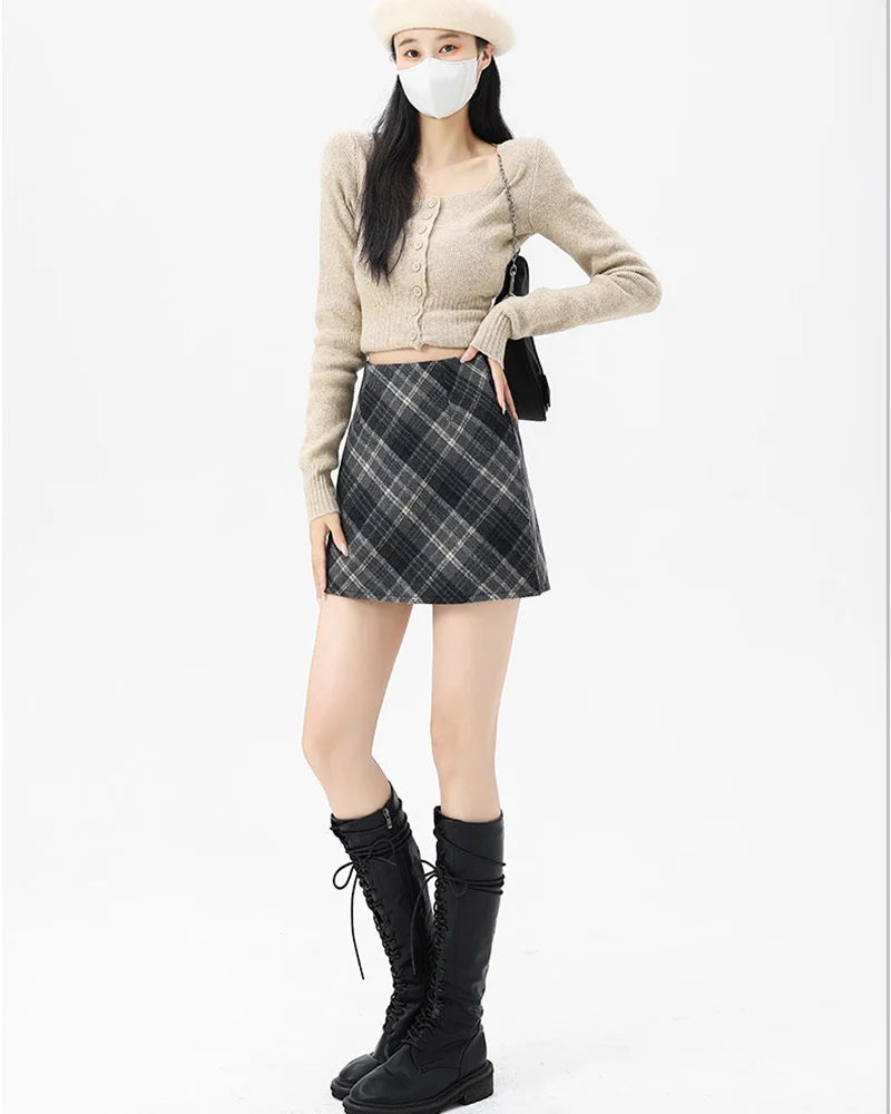 Autumn Winter Woolen Plaid Mini Skirt for Women College Casual All Match Short Skirts Woman Thicken Warm High Waist A-Line Skirt
