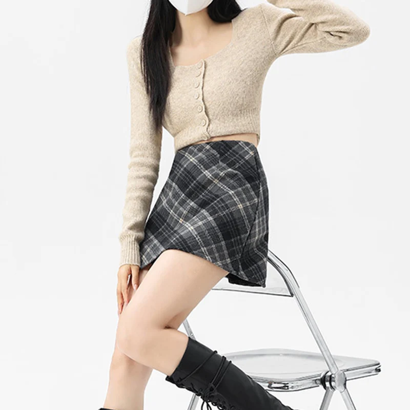 Autumn Winter Woolen Plaid Mini Skirt for Women College Casual All Match Short Skirts Woman Thicken Warm High Waist A-Line Skirt