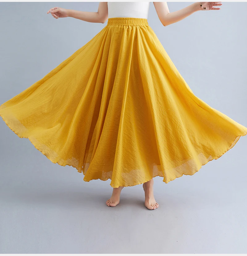 Boho Cotton Linen Beach Long Skirt Women Vintage Casual Solid A-line High Waist Dance Floor-Length Maxi Skirt Spring Summer New