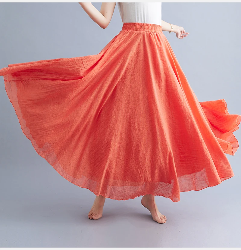 Boho Cotton Linen Beach Long Skirt Women Vintage Casual Solid A-line High Waist Dance Floor-Length Maxi Skirt Spring Summer New