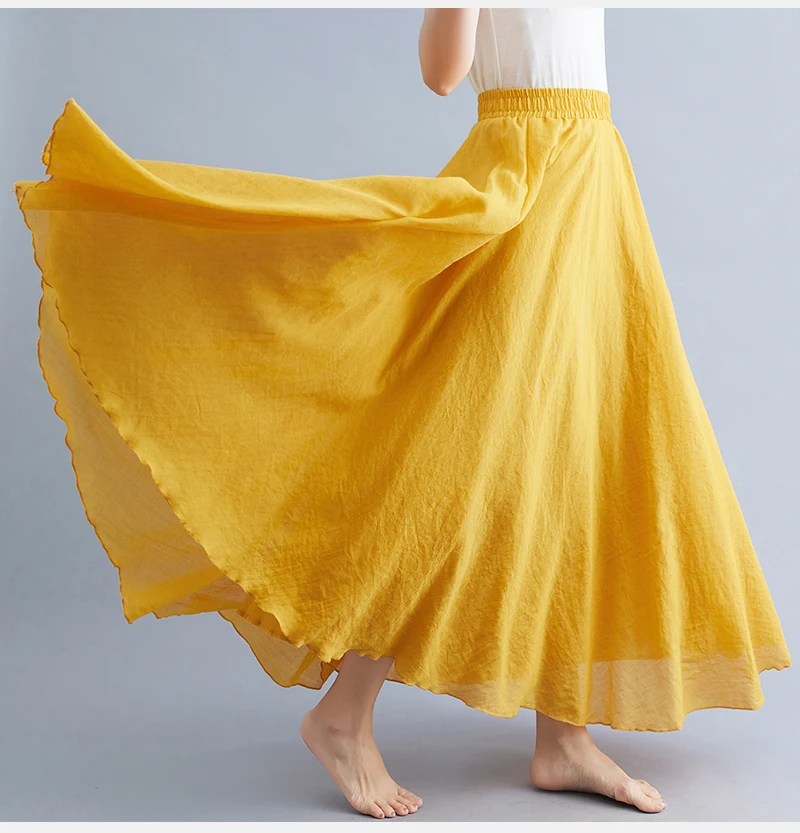 Boho Cotton Linen Beach Long Skirt Women Vintage Casual Solid A-line High Waist Dance Floor-Length Maxi Skirt Spring Summer New