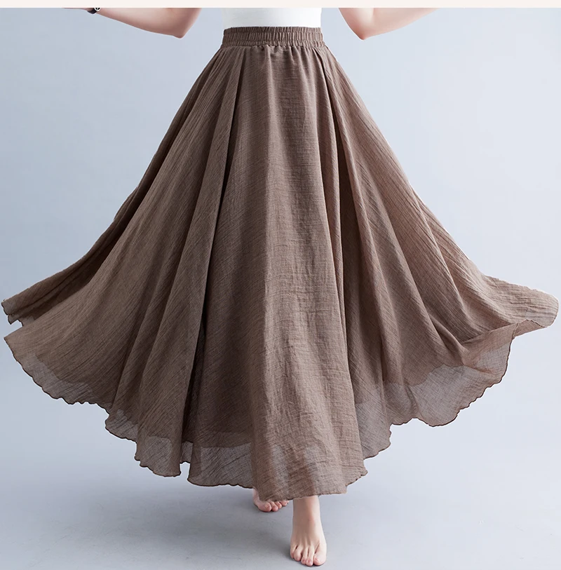 Boho Cotton Linen Beach Long Skirt Women Vintage Casual Solid A-line High Waist Dance Floor-Length Maxi Skirt Spring Summer New