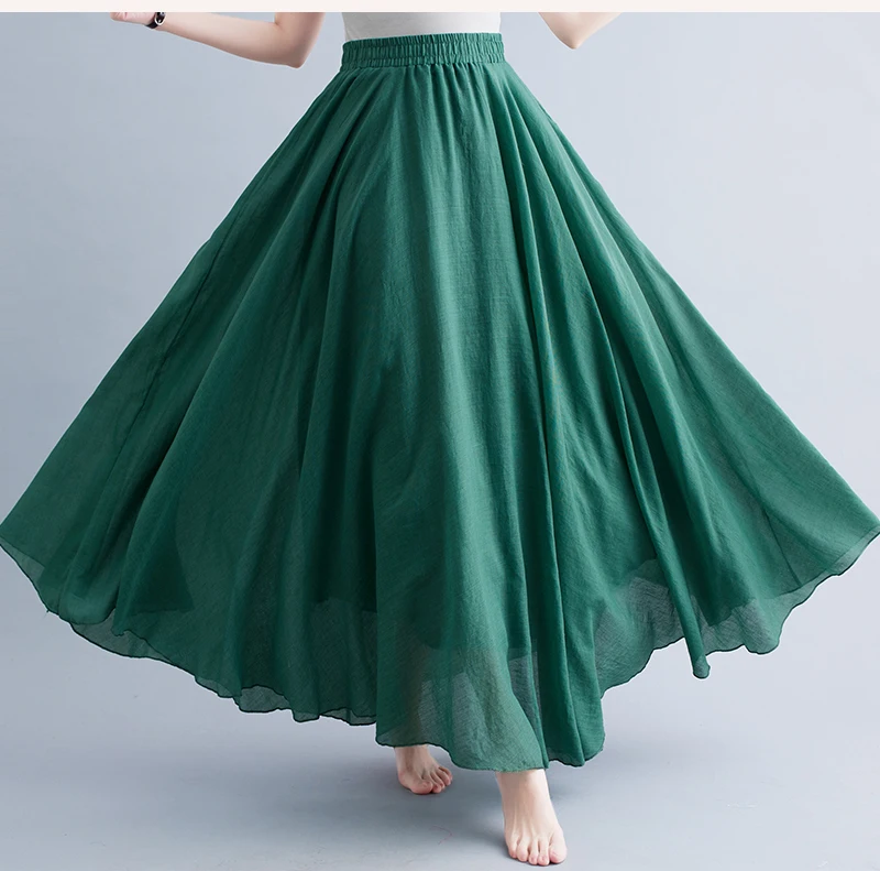 Boho Cotton Linen Beach Long Skirt Women Vintage Casual Solid A-line High Waist Dance Floor-Length Maxi Skirt Spring Summer New