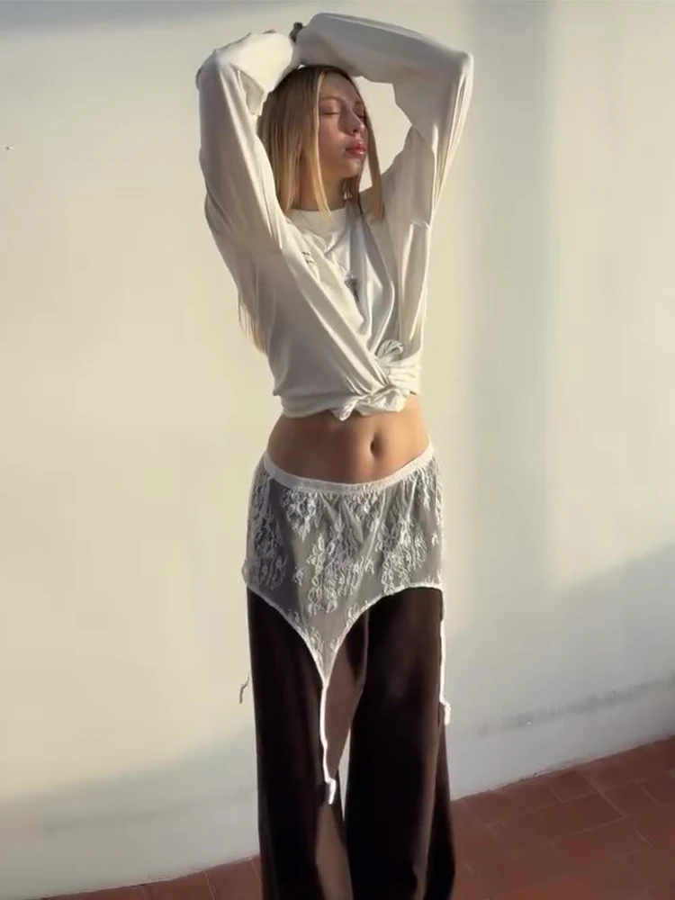 High Waist Lace Trim Butt Flap Women Sexy Skirt Extender Sheer Hollow Out Floral Layering Bottom With Waistband Ladies Partywear