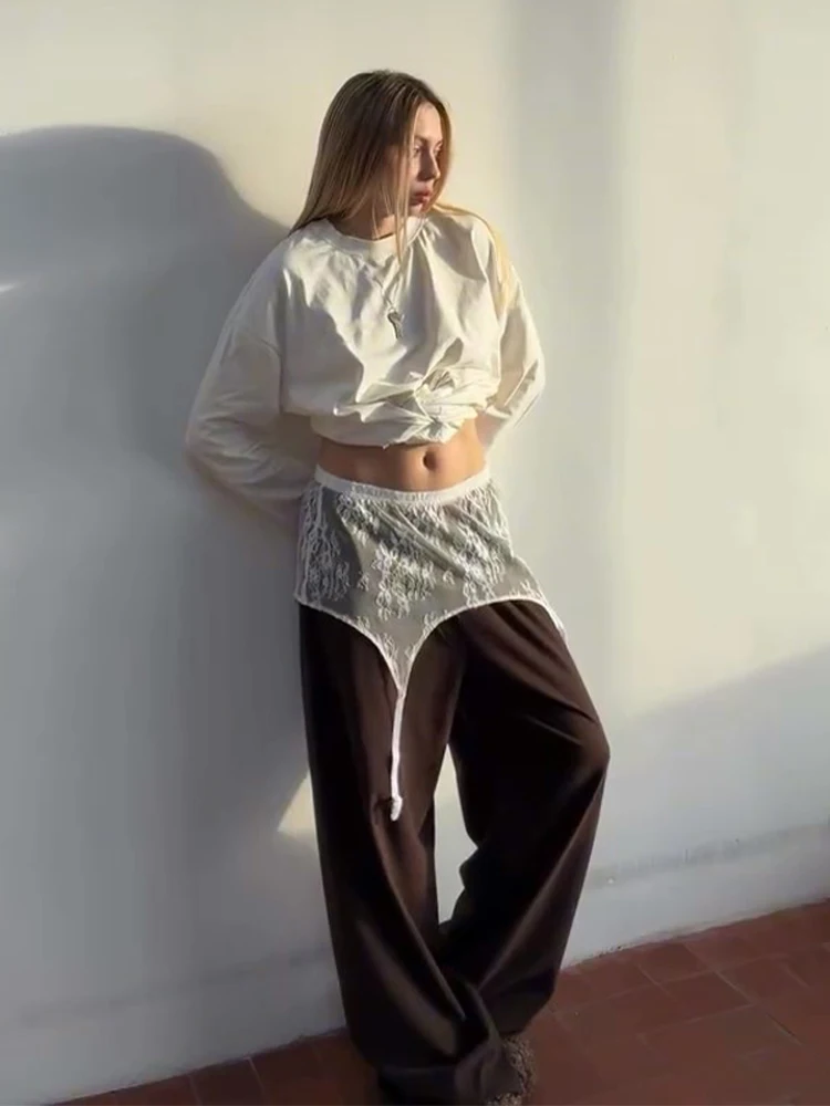 High Waist Lace Trim Butt Flap Women Sexy Skirt Extender Sheer Hollow Out Floral Layering Bottom With Waistband Ladies Partywear