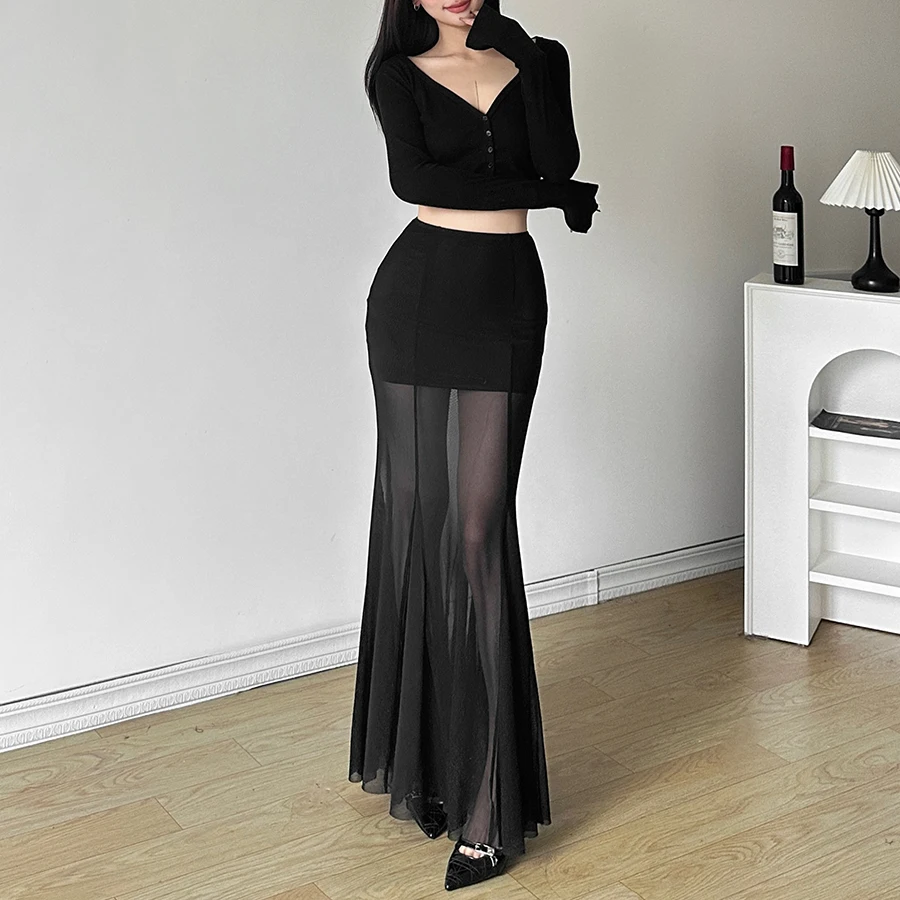 Sylcue 2024 Spring New Black Mysterious Sexy Hot All-match Trendy Personalized Women's Perspective Thin Skirt
