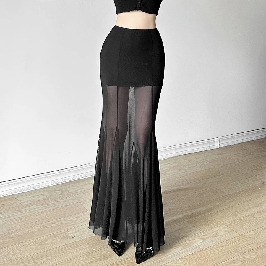 Sylcue 2024 Spring New Black Mysterious Sexy Hot All-match Trendy Personalized Women's Perspective Thin Skirt