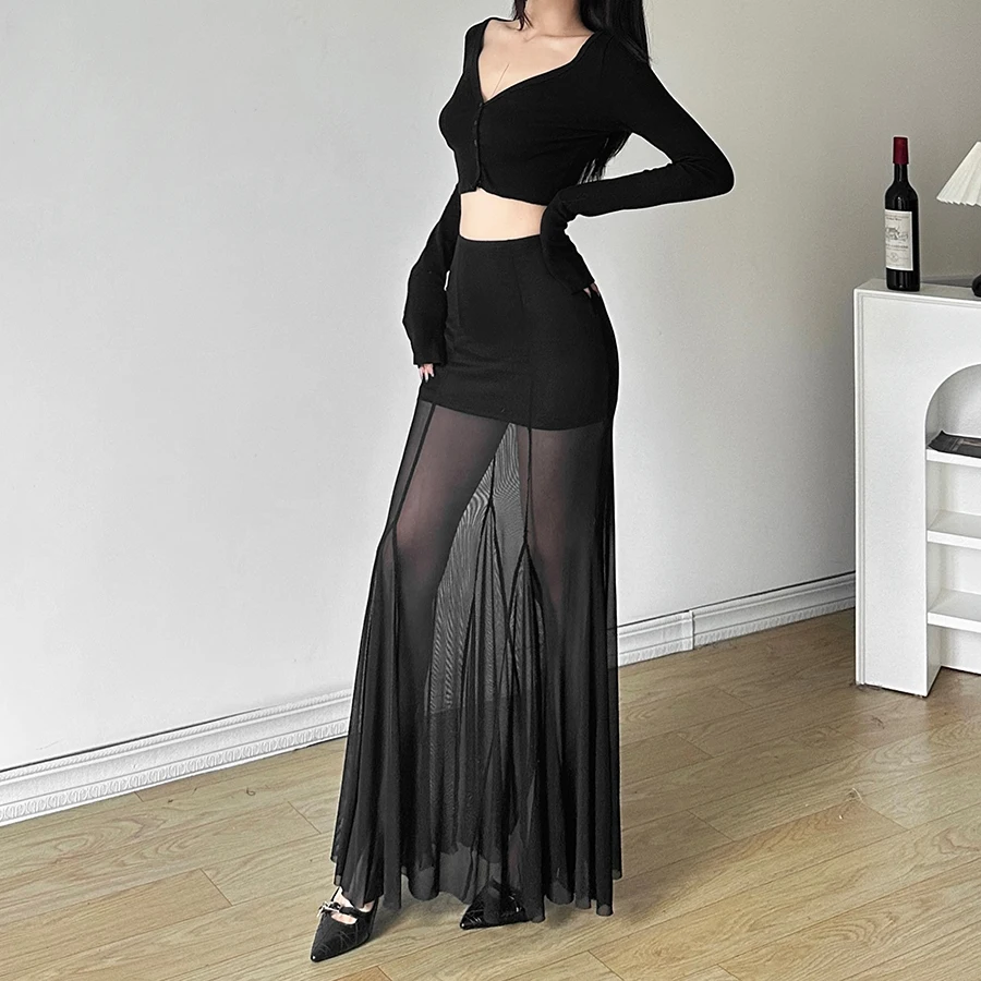 Sylcue 2024 Spring New Black Mysterious Sexy Hot All-match Trendy Personalized Women's Perspective Thin Skirt