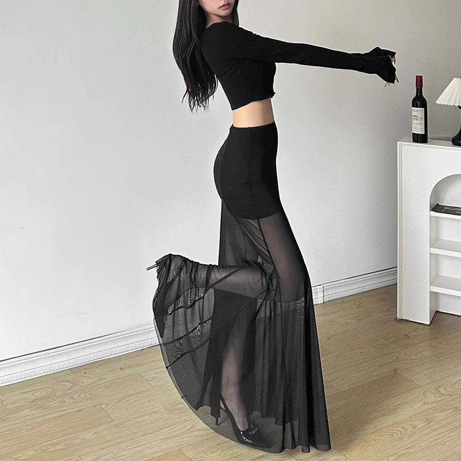 Sylcue 2024 Spring New Black Mysterious Sexy Hot All-match Trendy Personalized Women's Perspective Thin Skirt