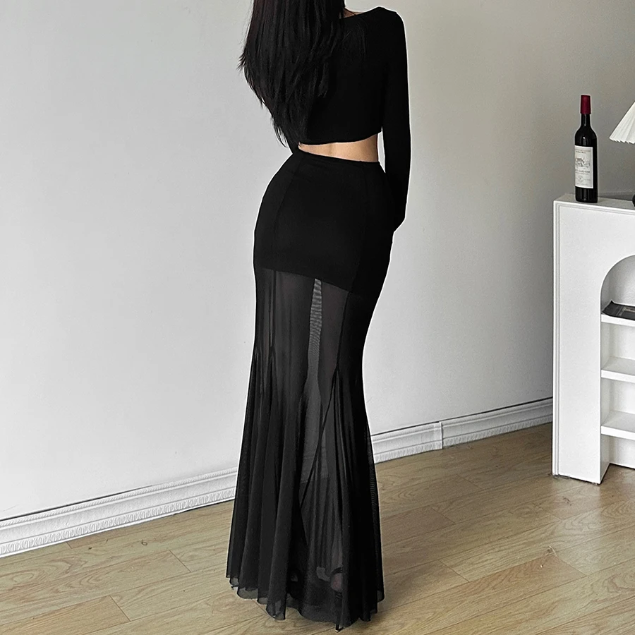 Sylcue 2024 Spring New Black Mysterious Sexy Hot All-match Trendy Personalized Women's Perspective Thin Skirt