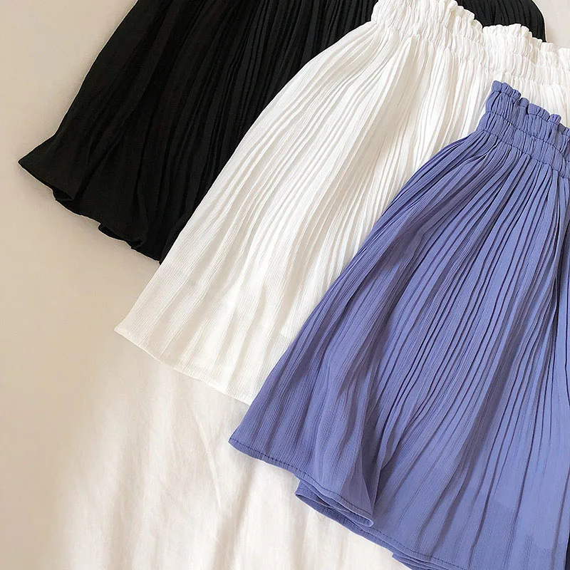 Solid Chiffon Summer Shorts Skirt Women 2025 Fashion Korean Elastic Waist Pleated Mini Skirt Casual Beach Faldas Saias