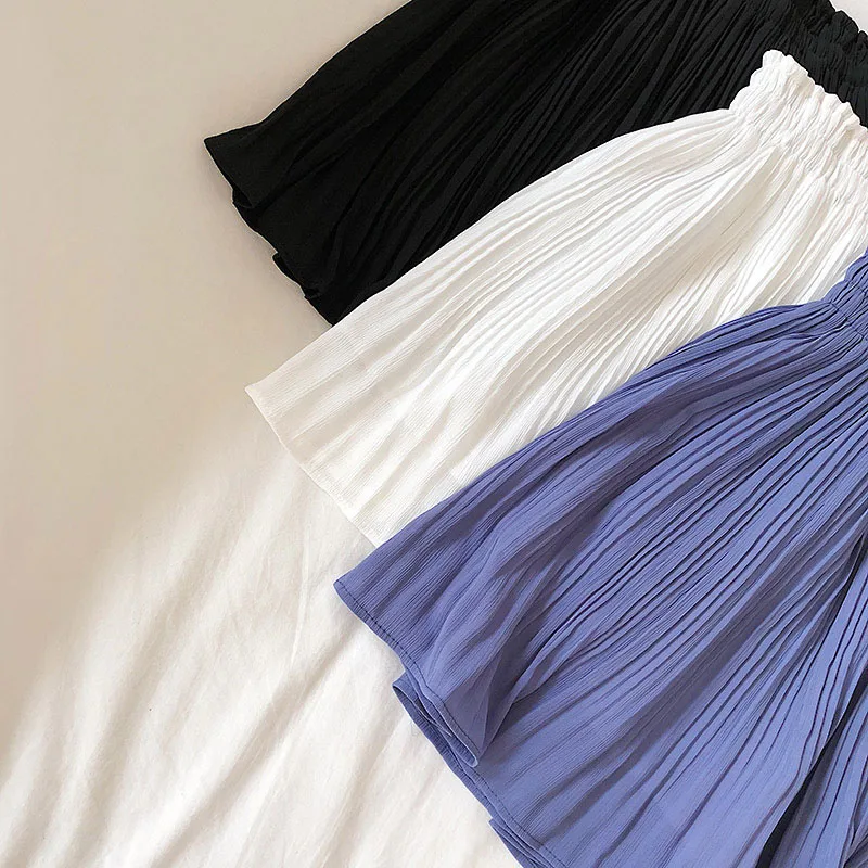 Solid Chiffon Summer Shorts Skirt Women 2025 Fashion Korean Elastic Waist Pleated Mini Skirt Casual Beach Faldas Saias