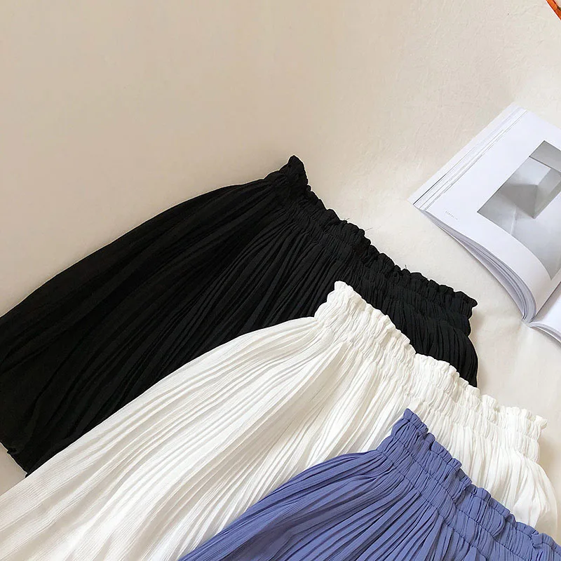 Solid Chiffon Summer Shorts Skirt Women 2025 Fashion Korean Elastic Waist Pleated Mini Skirt Casual Beach Faldas Saias