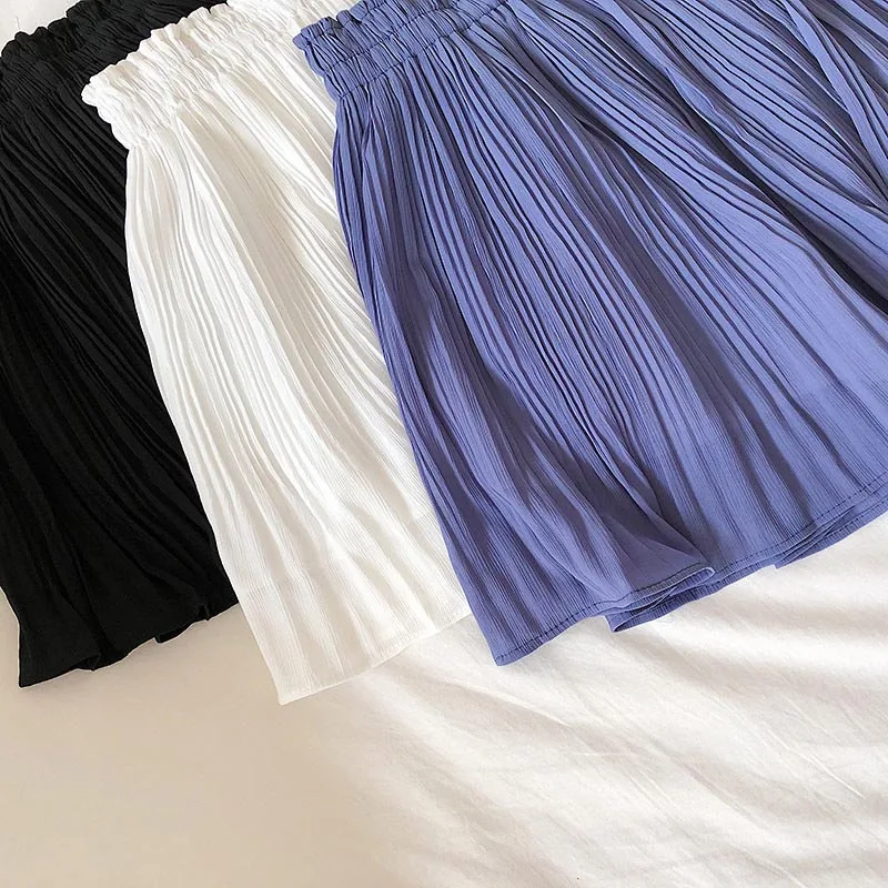 Solid Chiffon Summer Shorts Skirt Women 2025 Fashion Korean Elastic Waist Pleated Mini Skirt Casual Beach Faldas Saias