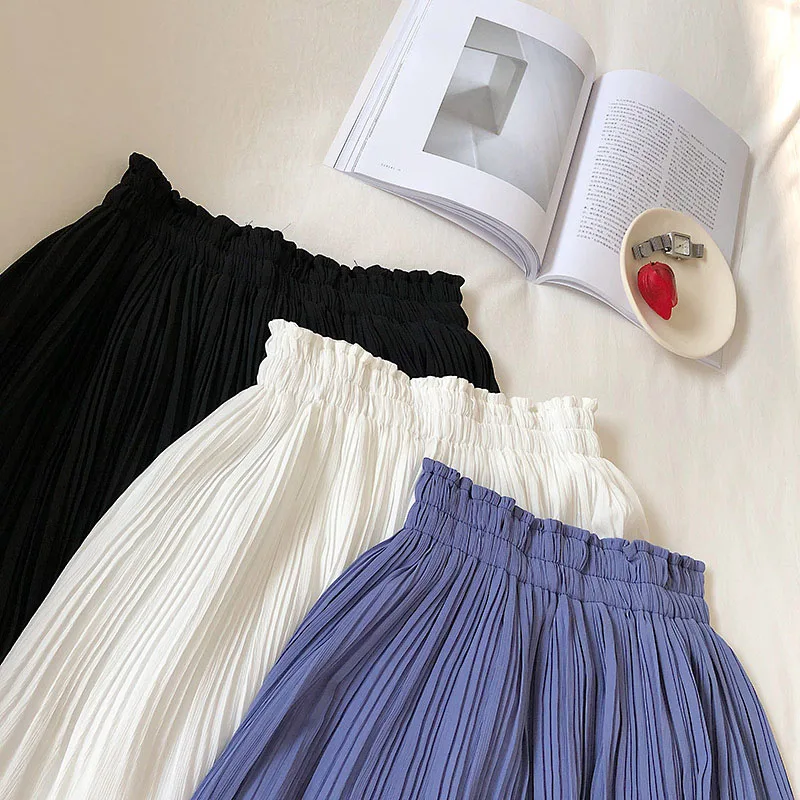 Solid Chiffon Summer Shorts Skirt Women 2025 Fashion Korean Elastic Waist Pleated Mini Skirt Casual Beach Faldas Saias