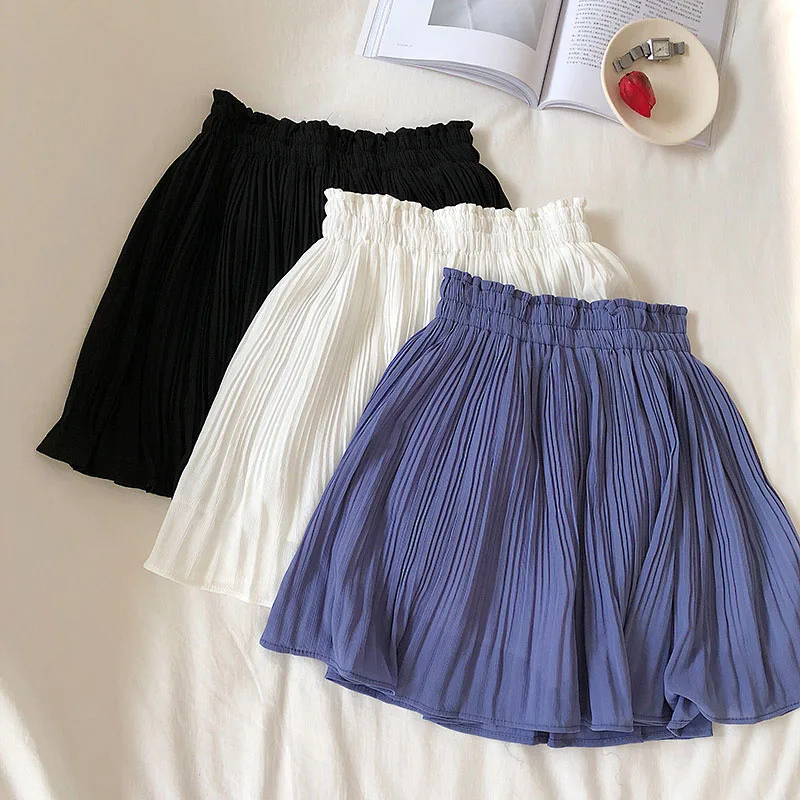 Solid Chiffon Summer Shorts Skirt Women 2025 Fashion Korean Elastic Waist Pleated Mini Skirt Casual Beach Faldas Saias