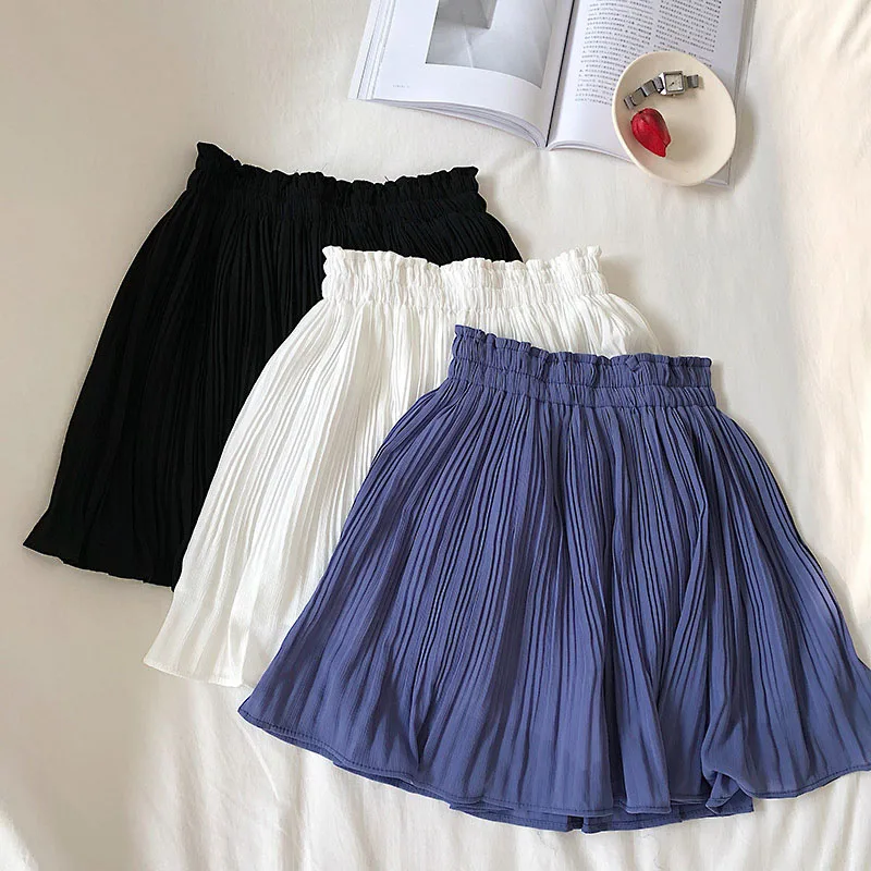 Solid Chiffon Summer Shorts Skirt Women 2025 Fashion Korean Elastic Waist Pleated Mini Skirt Casual Beach Faldas Saias