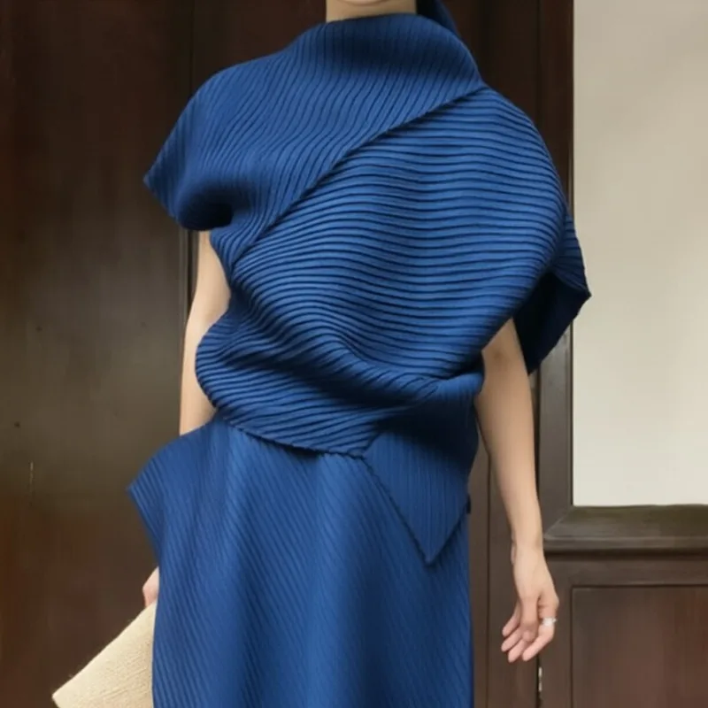 Pleated T-Shirt 2026 Summer New Japane Irregular Cut Pile Collar Top Simple Fashion Lightweight Wrinkle-Free Women Skirt