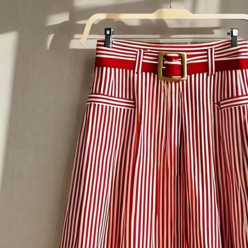 Chiffon A-line Striped Umbrella Skirt Women's High Waisted Temperament Pleated Skirt Vintage Faldas Largas Summer