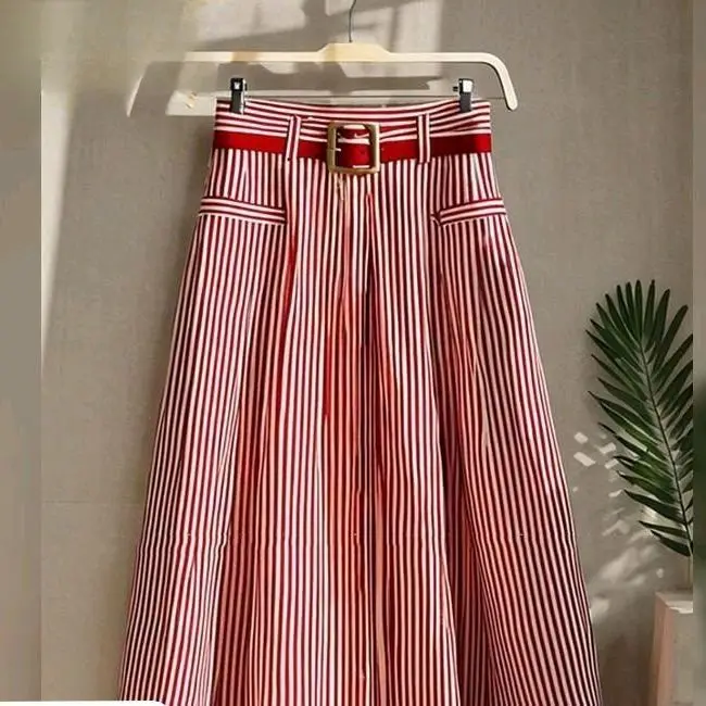 Chiffon A-line Striped Umbrella Skirt Women's High Waisted Temperament Pleated Skirt Vintage Faldas Largas Summer
