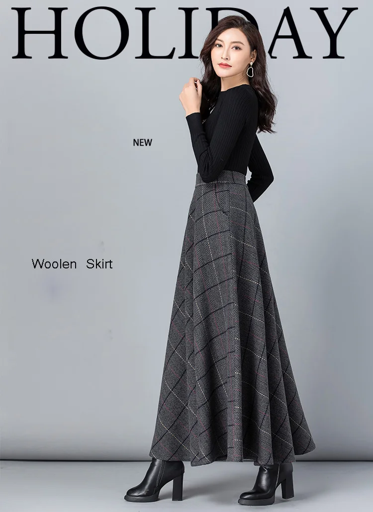 New Women Thick Woolen Skirt Autumn Winter Fashion Elastic High Waist A-Line Long Plaid Skirt Elegant Easy Match Wool Skirt