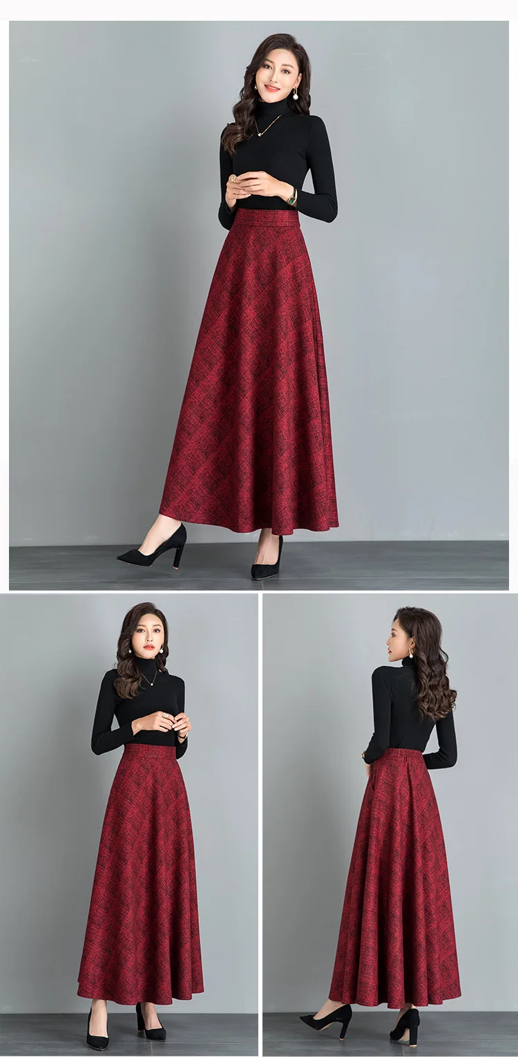 New Women Thick Woolen Skirt Autumn Winter Fashion Elastic High Waist A-Line Long Plaid Skirt Elegant Easy Match Wool Skirt