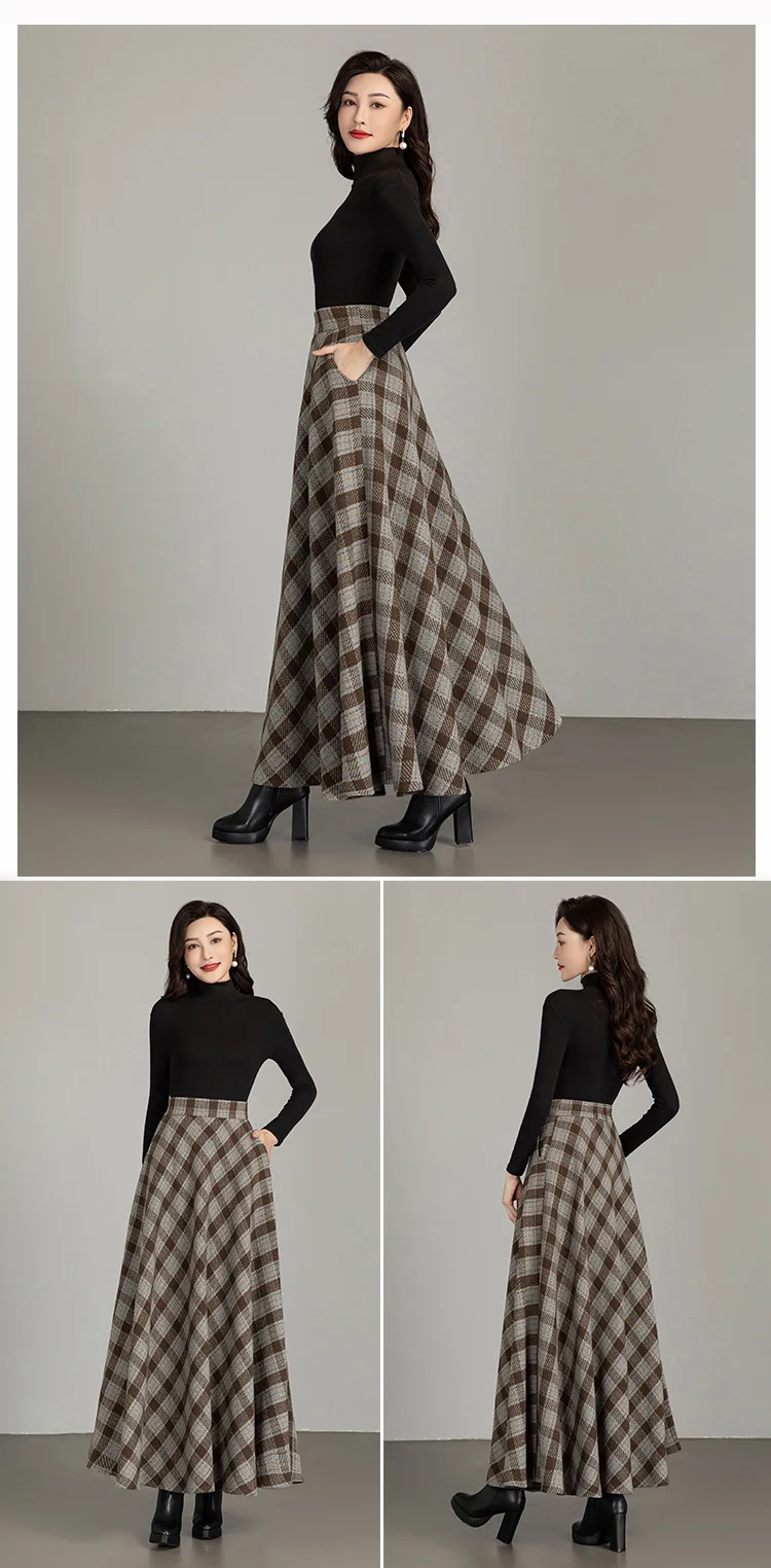 New Women Thick Woolen Skirt Autumn Winter Fashion Elastic High Waist A-Line Long Plaid Skirt Elegant Easy Match Wool Skirt