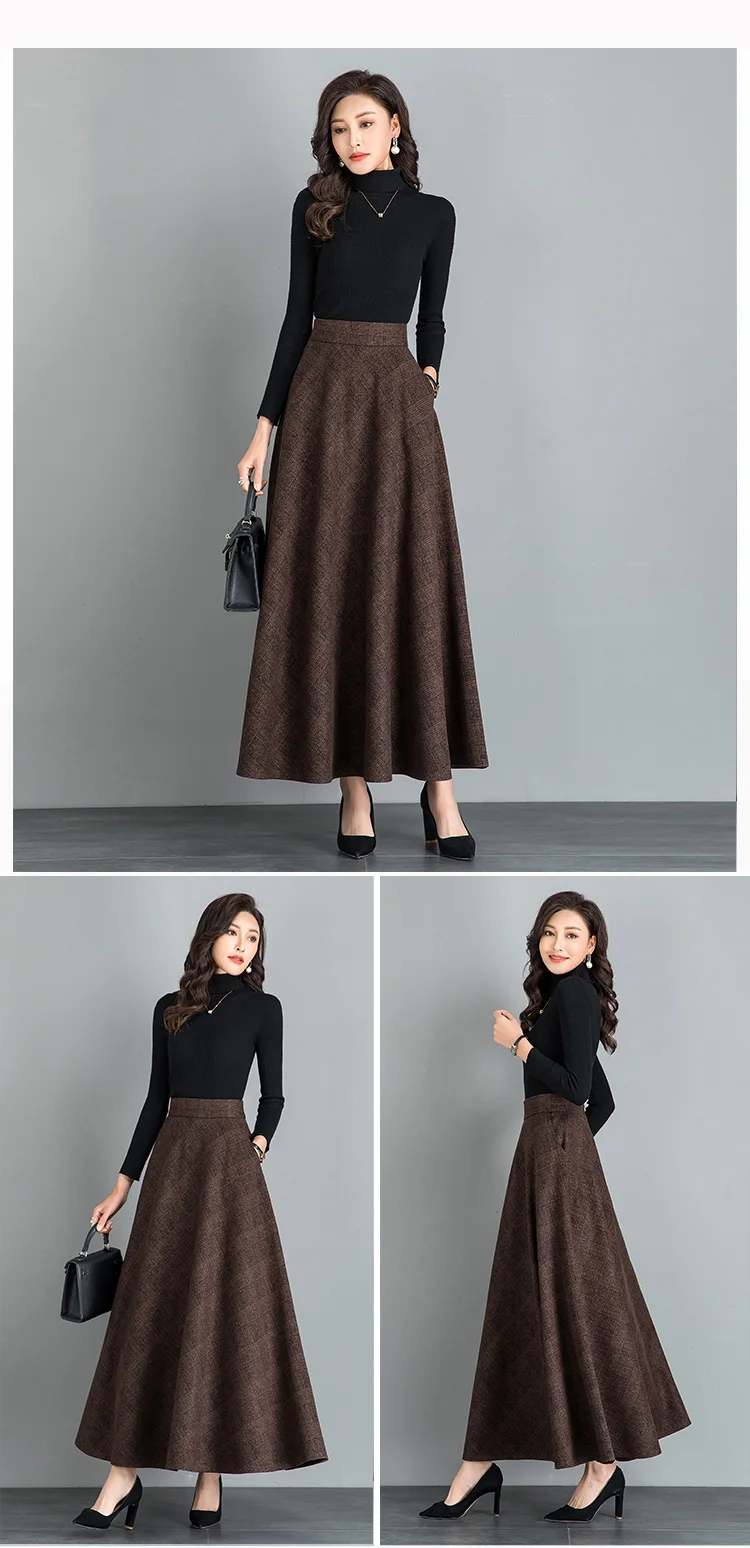 New Women Thick Woolen Skirt Autumn Winter Fashion Elastic High Waist A-Line Long Plaid Skirt Elegant Easy Match Wool Skirt