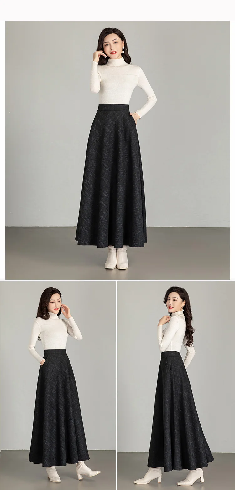 New Women Thick Woolen Skirt Autumn Winter Fashion Elastic High Waist A-Line Long Plaid Skirt Elegant Easy Match Wool Skirt