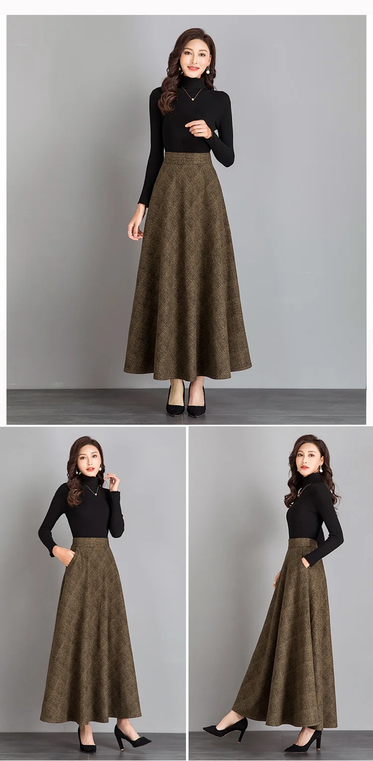 New Women Thick Woolen Skirt Autumn Winter Fashion Elastic High Waist A-Line Long Plaid Skirt Elegant Easy Match Wool Skirt