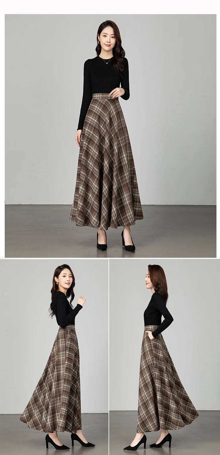 New Women Thick Woolen Skirt Autumn Winter Fashion Elastic High Waist A-Line Long Plaid Skirt Elegant Easy Match Wool Skirt