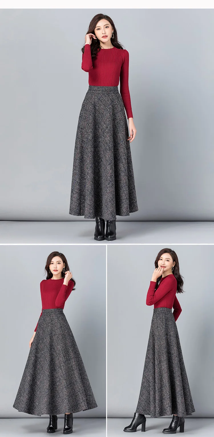 New Women Thick Woolen Skirt Autumn Winter Fashion Elastic High Waist A-Line Long Plaid Skirt Elegant Easy Match Wool Skirt