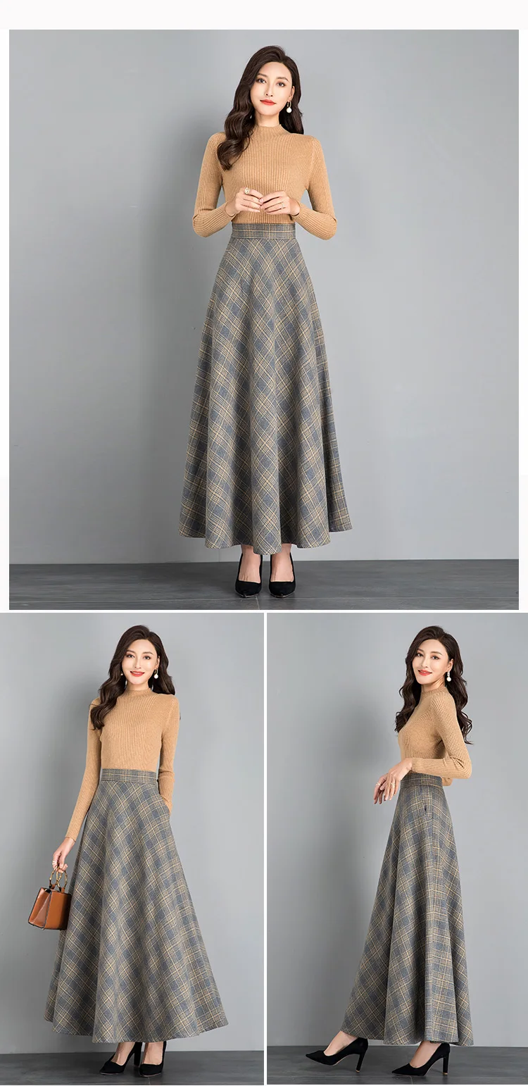 New Women Thick Woolen Skirt Autumn Winter Fashion Elastic High Waist A-Line Long Plaid Skirt Elegant Easy Match Wool Skirt