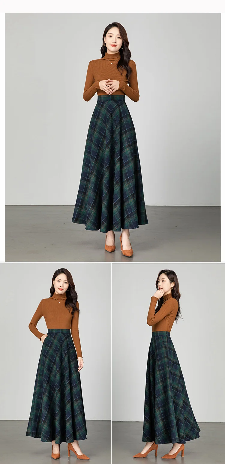 New Women Thick Woolen Skirt Autumn Winter Fashion Elastic High Waist A-Line Long Plaid Skirt Elegant Easy Match Wool Skirt