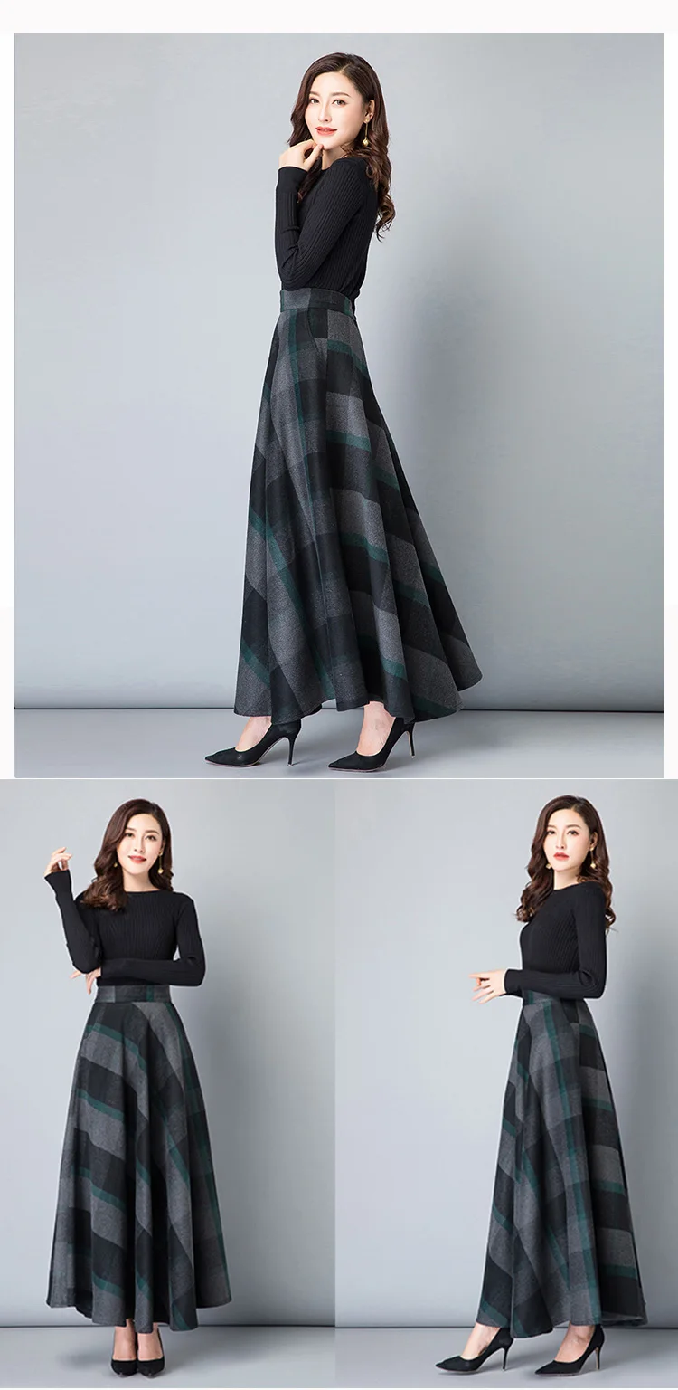 New Women Thick Woolen Skirt Autumn Winter Fashion Elastic High Waist A-Line Long Plaid Skirt Elegant Easy Match Wool Skirt