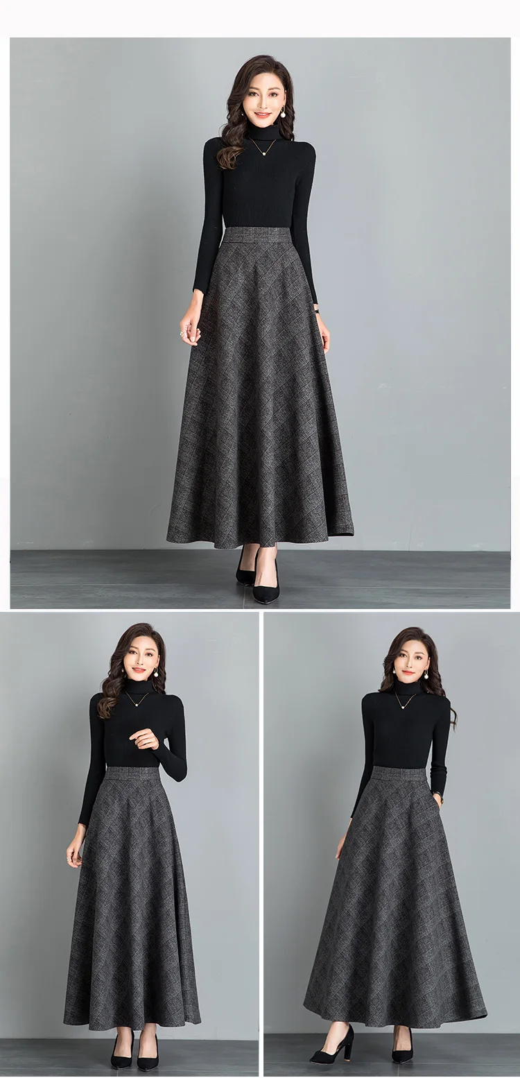 New Women Thick Woolen Skirt Autumn Winter Fashion Elastic High Waist A-Line Long Plaid Skirt Elegant Easy Match Wool Skirt