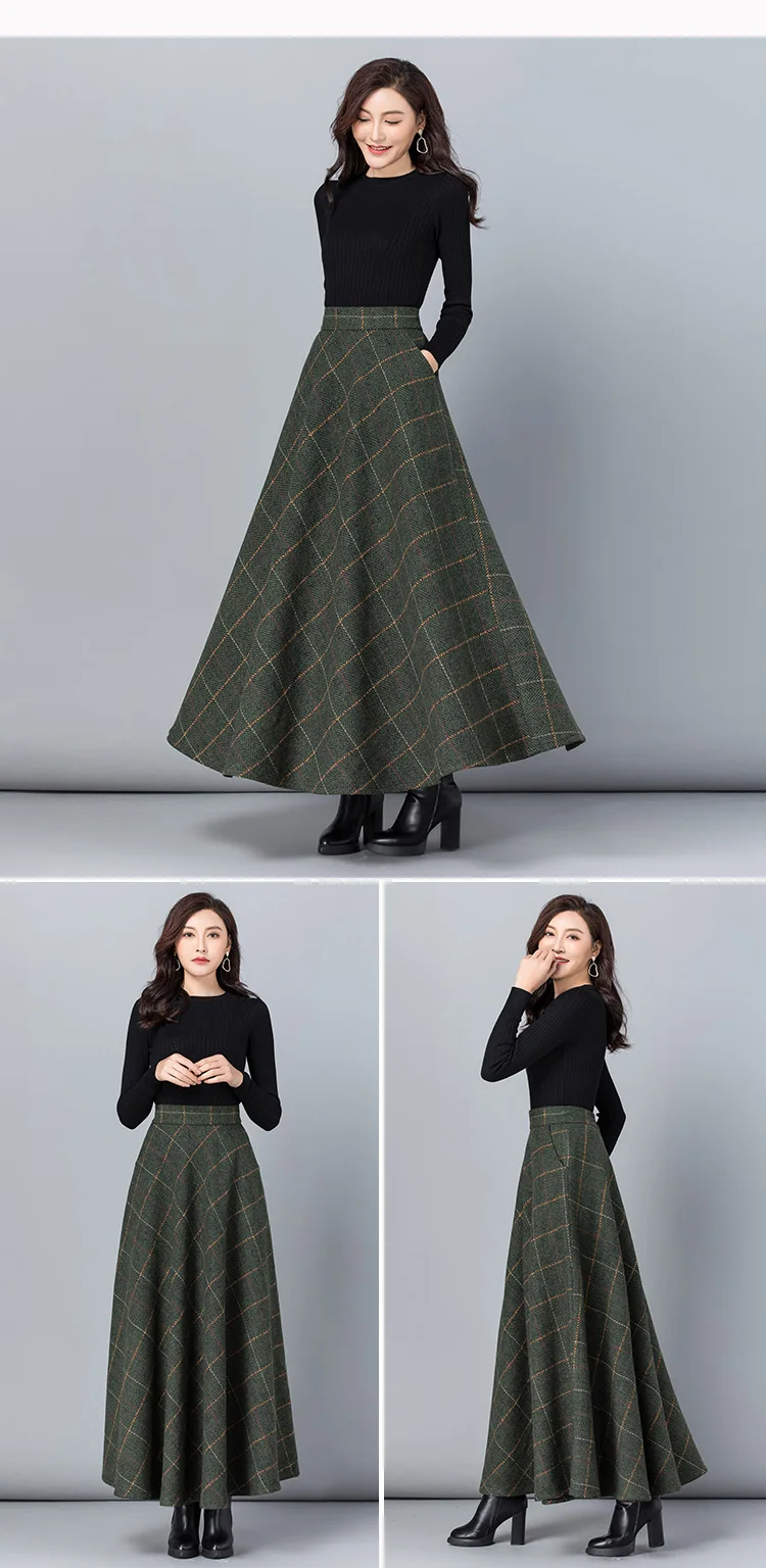 New Women Thick Woolen Skirt Autumn Winter Fashion Elastic High Waist A-Line Long Plaid Skirt Elegant Easy Match Wool Skirt