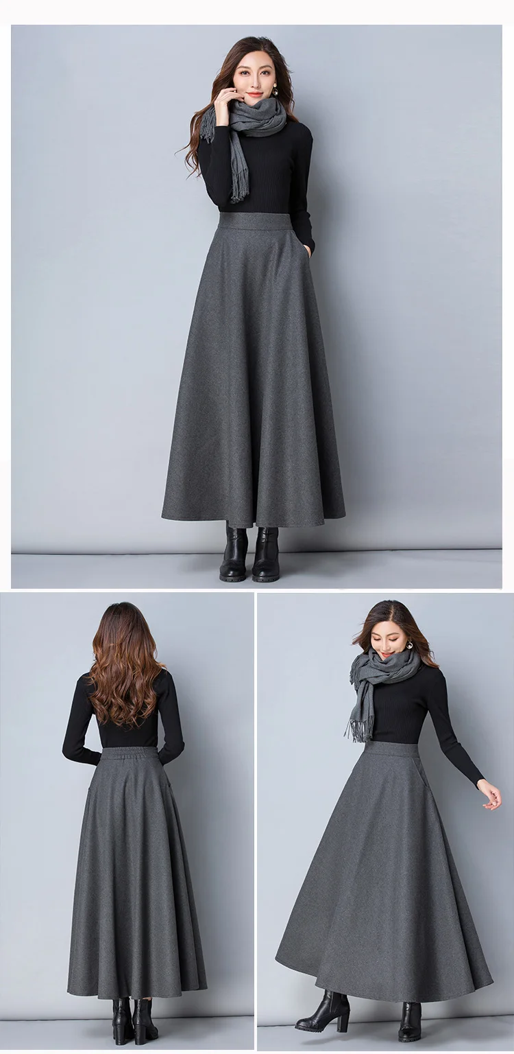 New Women Thick Woolen Skirt Autumn Winter Fashion Elastic High Waist A-Line Long Plaid Skirt Elegant Easy Match Wool Skirt