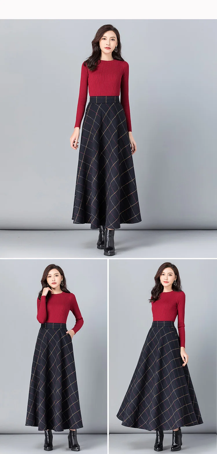 New Women Thick Woolen Skirt Autumn Winter Fashion Elastic High Waist A-Line Long Plaid Skirt Elegant Easy Match Wool Skirt