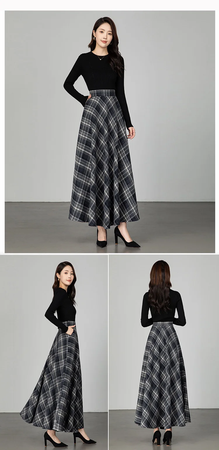 New Women Thick Woolen Skirt Autumn Winter Fashion Elastic High Waist A-Line Long Plaid Skirt Elegant Easy Match Wool Skirt