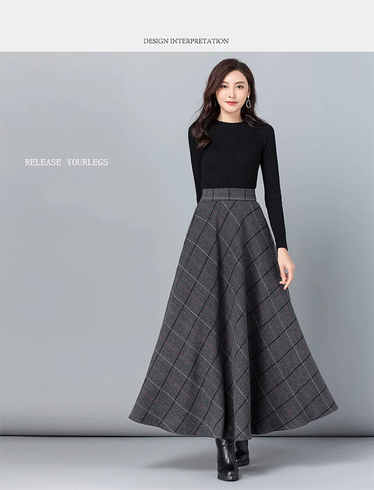 New Women Thick Woolen Skirt Autumn Winter Fashion Elastic High Waist A-Line Long Plaid Skirt Elegant Easy Match Wool Skirt