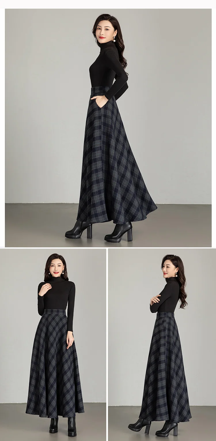 New Women Thick Woolen Skirt Autumn Winter Fashion Elastic High Waist A-Line Long Plaid Skirt Elegant Easy Match Wool Skirt