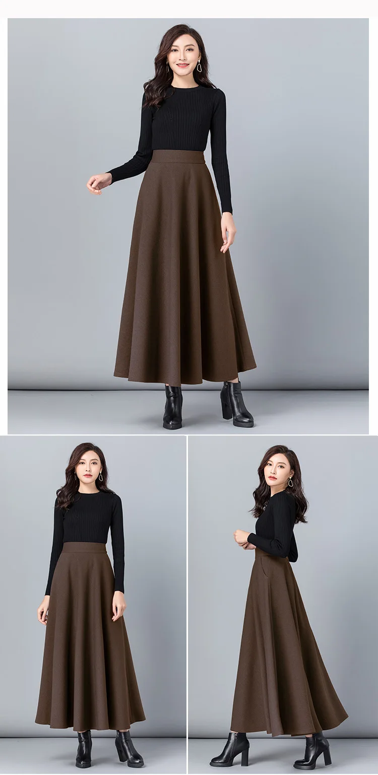 New Women Thick Woolen Skirt Autumn Winter Fashion Elastic High Waist A-Line Long Plaid Skirt Elegant Easy Match Wool Skirt