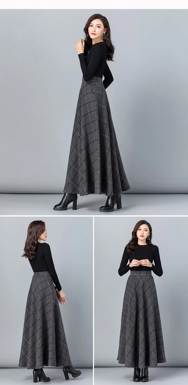 New Women Thick Woolen Skirt Autumn Winter Fashion Elastic High Waist A-Line Long Plaid Skirt Elegant Easy Match Wool Skirt