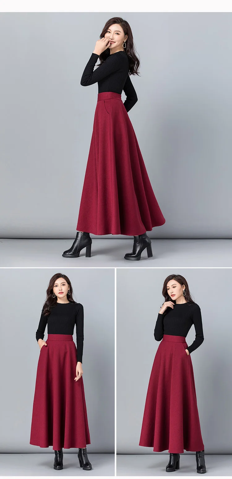 New Women Thick Woolen Skirt Autumn Winter Fashion Elastic High Waist A-Line Long Plaid Skirt Elegant Easy Match Wool Skirt