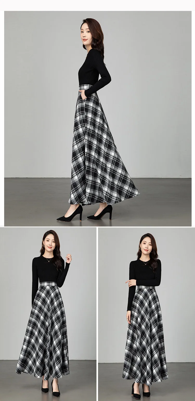 New Women Thick Woolen Skirt Autumn Winter Fashion Elastic High Waist A-Line Long Plaid Skirt Elegant Easy Match Wool Skirt