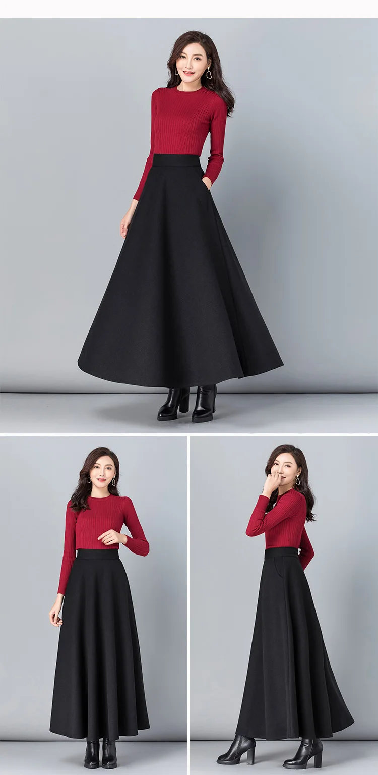 New Women Thick Woolen Skirt Autumn Winter Fashion Elastic High Waist A-Line Long Plaid Skirt Elegant Easy Match Wool Skirt