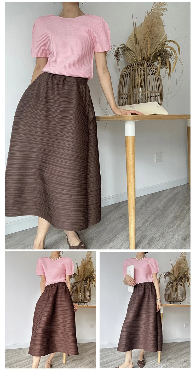 Miyake Pleated Horizontal Simple Elegant Loose Skirt Women New Korean Fashion High Waisted Plus Size Skirts