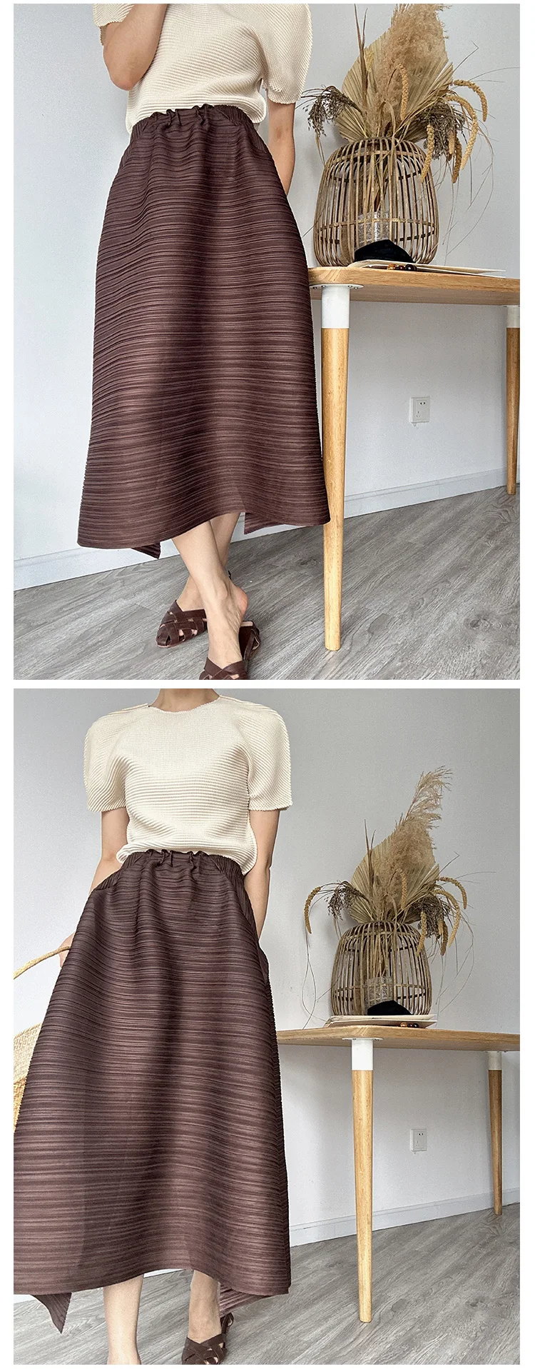 Miyake Pleated Horizontal Simple Elegant Loose Skirt Women New Korean Fashion High Waisted Plus Size Skirts