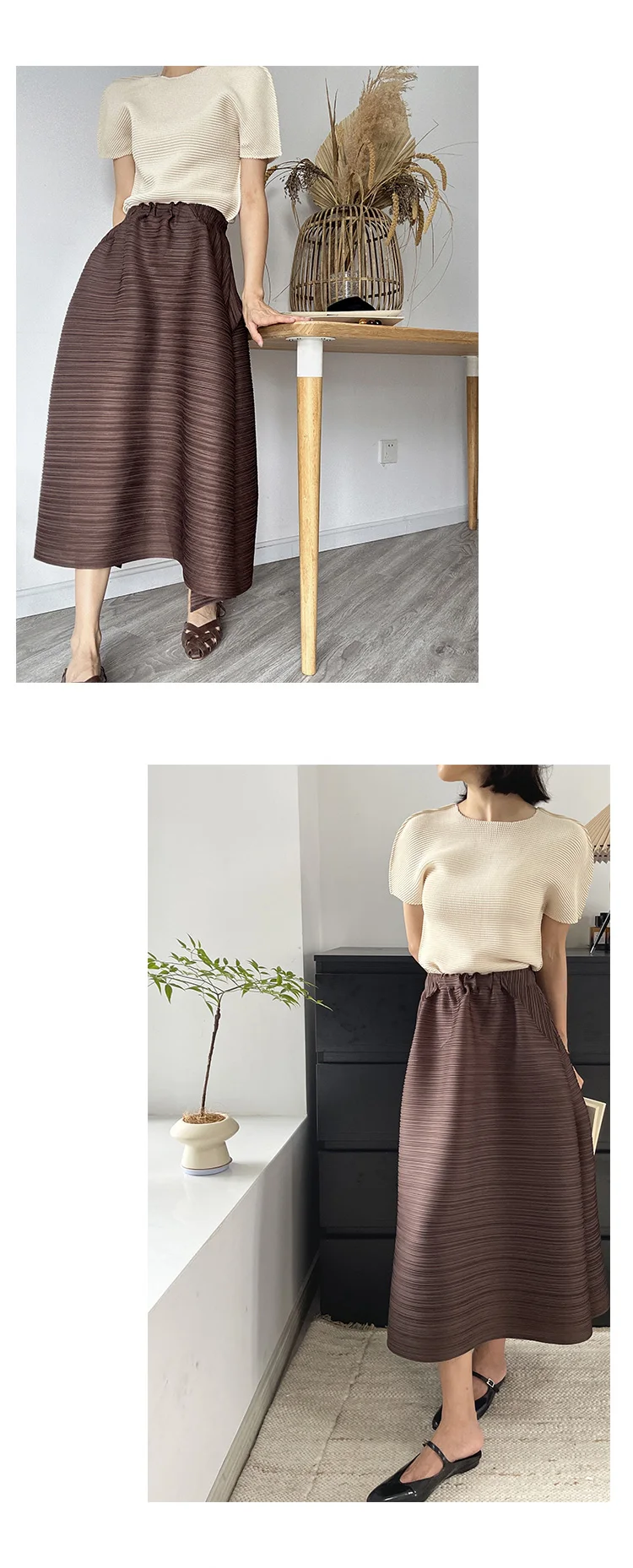 Miyake Pleated Horizontal Simple Elegant Loose Skirt Women New Korean Fashion High Waisted Plus Size Skirts